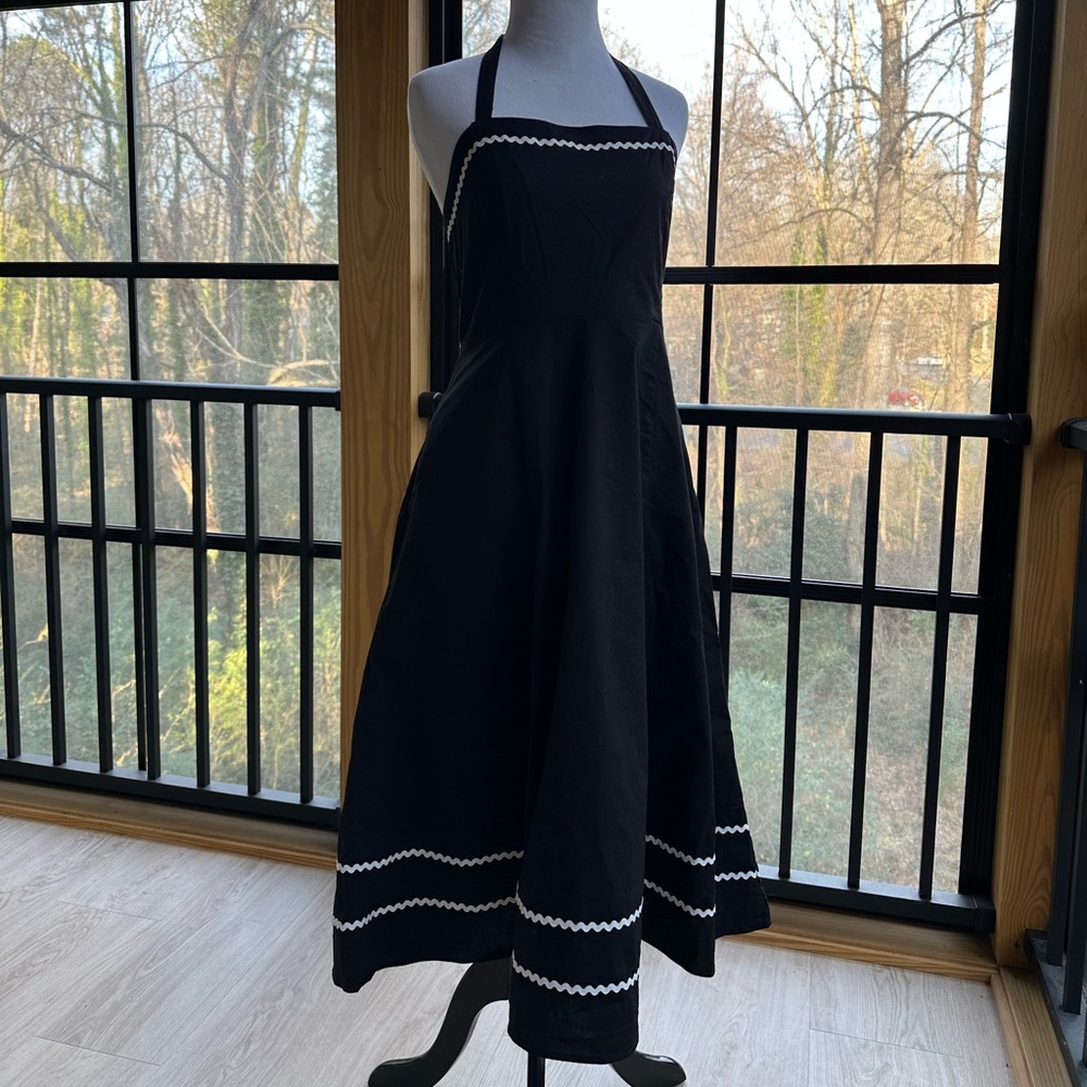 Cynthia Rowley Black Cotton Halter Sundress Circle Skirt RickRack Whimsigoth ~ M - Picture 4 of 15